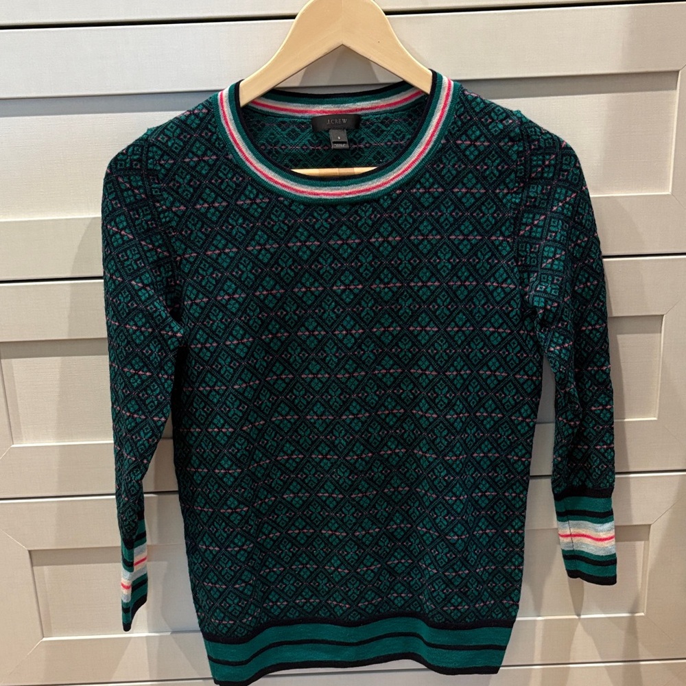 J. Crew Teal and Pink Patterned Sweater